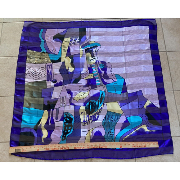 Vintage Cubism Cubist Purple Art Scarf Picasso? Face Print Abstract 40" Square - Picture 7 of 9